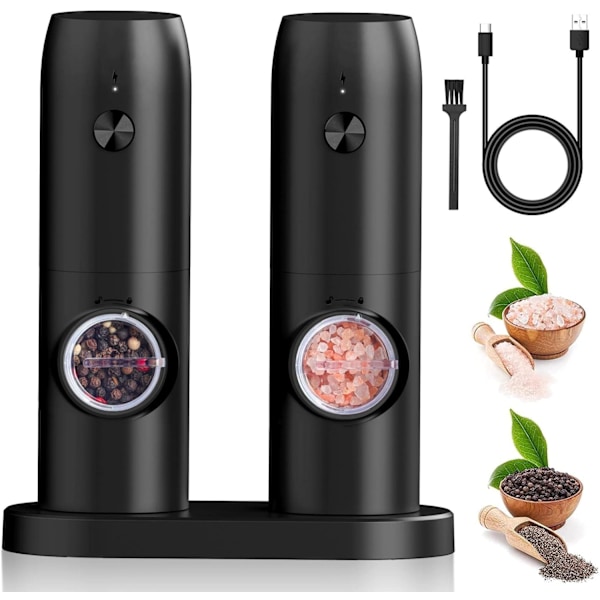 Elektrisk salt- og pepperkvernsett, 2 stk USB Oppladbart sett Justerbar grovhet med base