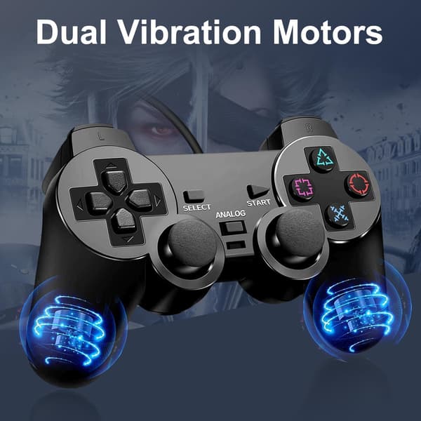 En kablet controller, kompatibel med PS2, med dobbelt vibration, ergonomisk greb og et gaming joystick.
