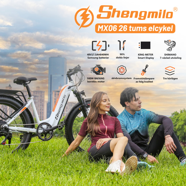 Shengmilo MX06 Elcykel 26 tums Elektrisk Mountainbike för Vuxna 48V, Shimano 7 Hastighet white