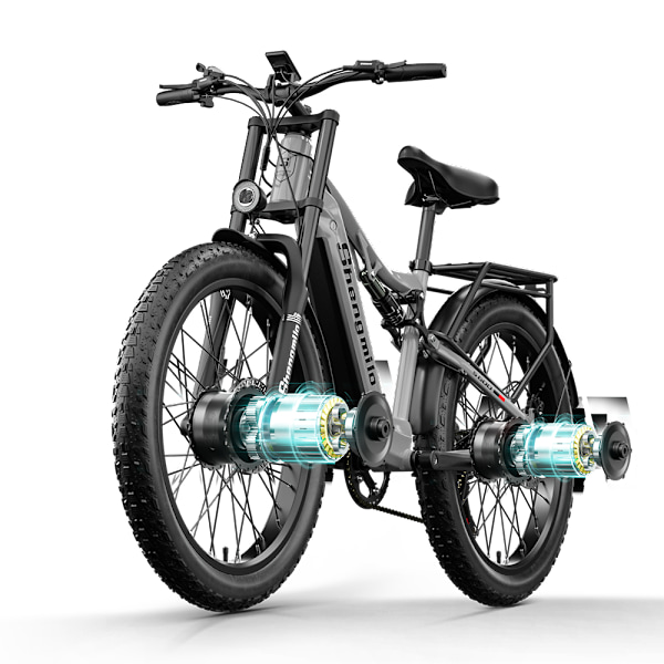 Shengmilo S600 Elcykel Dual Motor 2000W, 48V 17,5AH Samsung Batteri, 26×3,0'' Fat Tire Elektrisk Mountainbike, Fuld affjedring, Grå grey