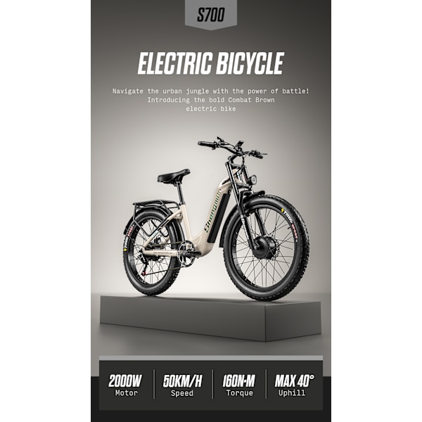 Shengmilo S700 El-cykler 2000W Dual Power 48KM/t Elektrisk Mountainbike 48V 17,5AH Samsung Batteri 26 Tommer × 3,0 Bredt dæk Elcykel brown