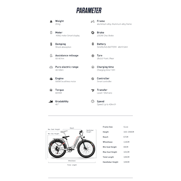 Shengmilo MX06 Elcykel 48V 17,5Ah Lithium Batteri Mountain Bike Range 60~90KM Voksen Elcykel 1000W Motor Shimano Shifter Cykel, Hvid white