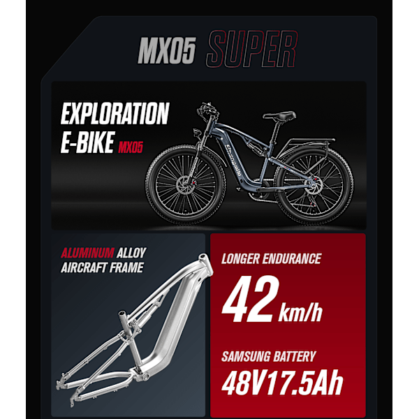 Shengmilo MX05 elektrisk mountainbike 1000W 48V 17,5Ah batteri 90KM 42KM/h 7-växlad elcykel för vuxna grey