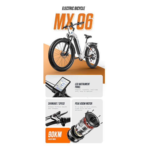 Shengmilo MX06 Sähköpyörä 48V 17,5Ah Litium-akku maastopyöräilyalue 60-90KM aikuisten sähköpyörä 1000W moottori Shimano Shifter, valkoinen white