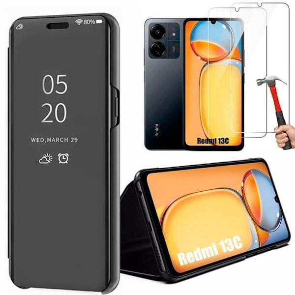 Cover til Xiaomi Redmi 13C - Sort - Spejleffekt - Fuld beskyttelse - 2 hærdede glas Svart, klar