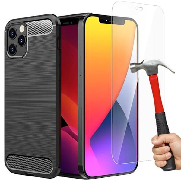 Silikon + härdat glasfodral för iPhone 12, stötsäkert mjukt kolfibermönster - svart