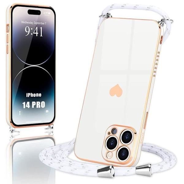 Axelremsfodral för iPhone 14 Pro Vit Mjuk TPU Stötsäker Hjärtmönster Anti-Scratch Lyx Vit