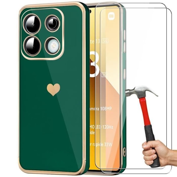 Fodral + 2 härdade glasögon för Xiaomi Redmi Note 13 5G (ej för 4G) midnattsgrönt silikon med guldpläterat kärleksmönster