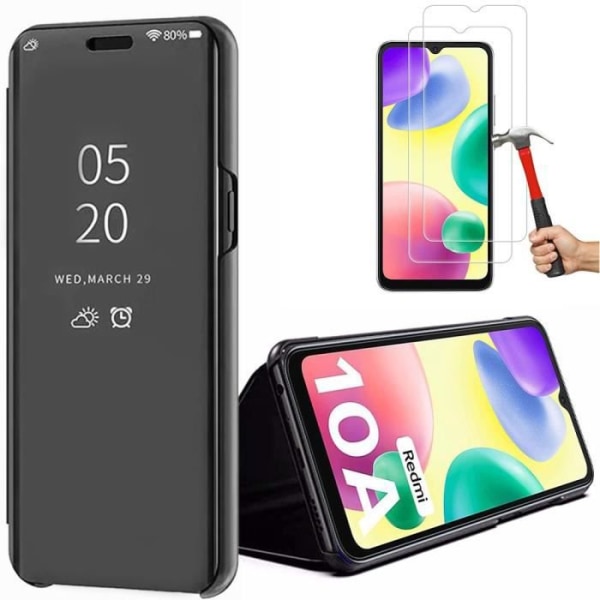 Komplet taskepakke til Redmi 10A + 2 hærdede briller, Clear View Mirror Effect Sort