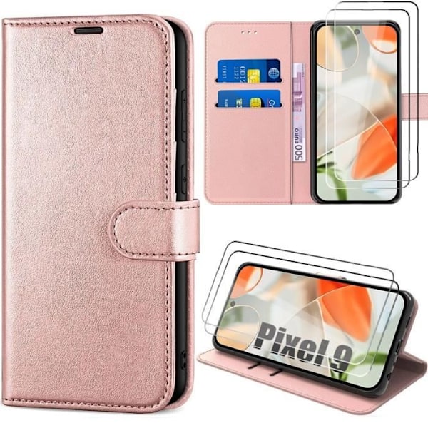Fodral för Google Pixel 9 med 2 härdade glasögon, skydd mot repor Stötsäkert mjukt syntetiskt läder - rosa