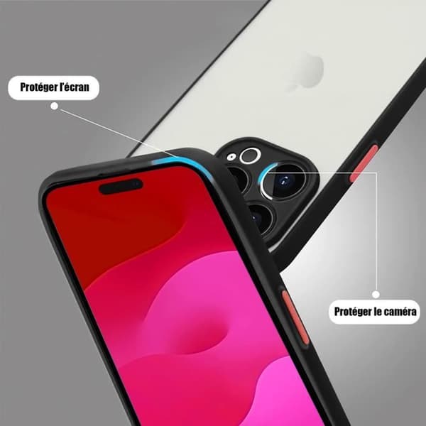 Coque - E.F.CONNECTION - för iPhone 15 Pro - Stöttålig - 2 Härdade Glas Ingår - Halvtransparent Matt Svart
