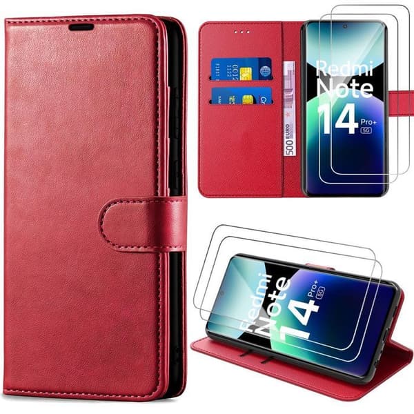 Skyddande skal - E.F.CONNECTION - För Xiaomi Redmi Note 14 Pro Plus 5G - Röd PU - 2 härdade glas - Stötsäker Röd