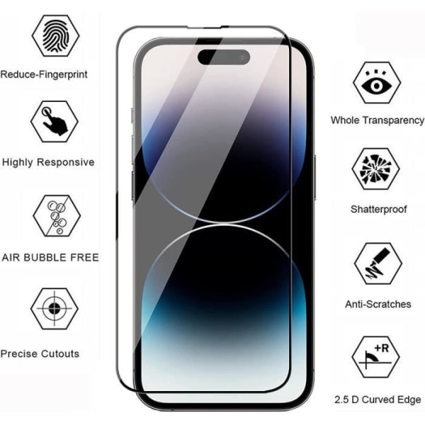 2 x helt härdat glas för iPhone 14 Pro Max (6,7") skärmskydd i glas Transparent med svart kant