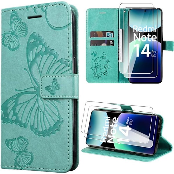 Coque + 2 Härdat glas för Xiaomi Redmi Note 14 Pro Plus 5G/Note 14 Pro+ 5G, Syntetläder med fjärilsmönster i grönt Grön