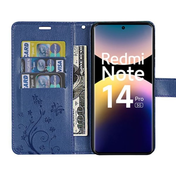 Skyddande fodral för Xiaomi Redmi Note 14 Pro 5G (inte för 4G) Konstläder med blommig relief - Mörkblå marinblå