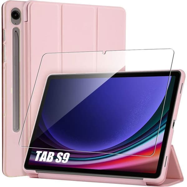 Coque + Härdat Glas - E.F.CONNECTION - för Samsung Galaxy Tab S9 - Stötabsorberande skydd - Fällbart stöd - Rosa Rosa
