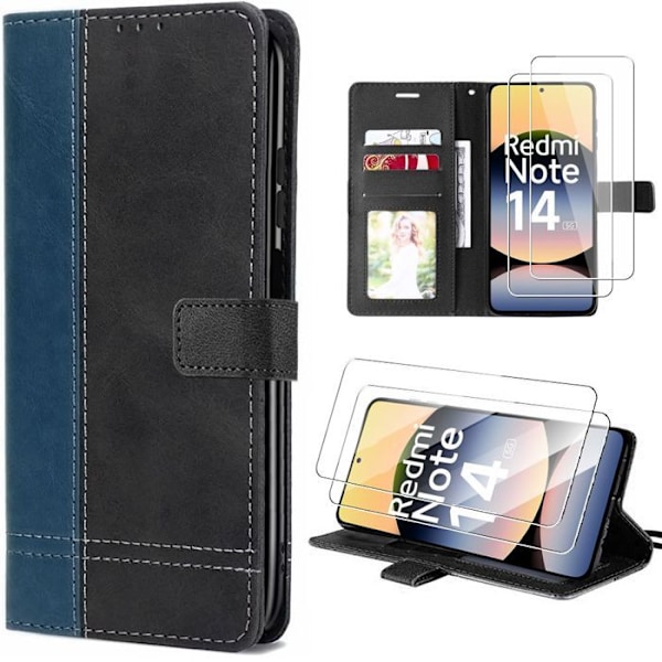 Coque + 2 Glashållare för Xiaomi Redmi Note 14 5G (ej för 4G) Skydd Fodral i Syntetläder Mjuk Mörkblå Marinblå, svart