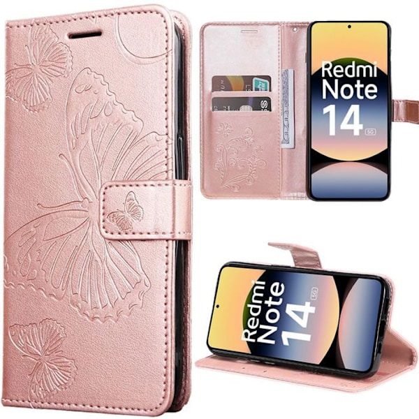Coque til Xiaomi Redmi Note 14 5G (ikke til 4G) Stødafvisende Beskyttelse Künstlæder Butterfly mønster - Rosa Rosa