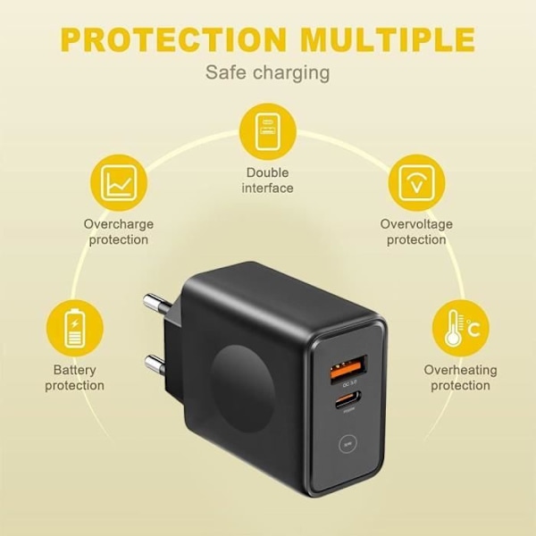 30W 2-ports hurtigoplader - PD20W + QC 3.0 til iPhone 16 Pro Max, 16 Pro, 16 Plus, 15 Pro - Sort Svart