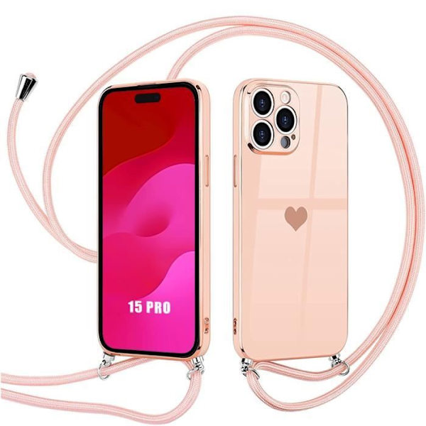 Fodral till iPhone 15 Pro, Stötsäkert Anti-Scratch Heart Mönster med Rosa Lanyard