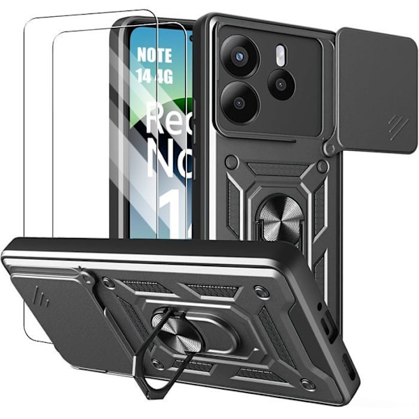 Coque + 2 Glasklare Glas til Xiaomi Redmi Note 14 4G (ikke til 5G) Stødabsorberende med Kamera Beskyttelse - Sort Svart