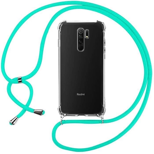 Taske til Redmi 9 (6,53") Beskyttelse Forstærkede hjørner TPU AntiShock tyndt forstærket hjørne med grøn snøre Transparent-Grön