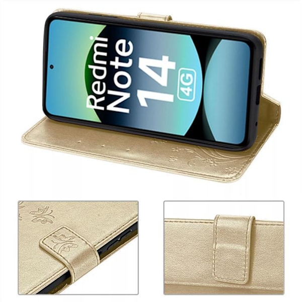 Coque för Xiaomi Redmi Note 14 4G (inte för 5G) Skydd Flip Sintetiskt Läder Guld Blomster Mönster Fjäril gyllene