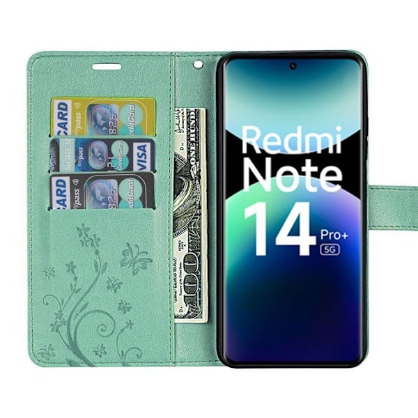Coque för Xiaomi Redmi Note 14 Pro Plus 5G/Note 14 Pro+ 5G, Skydd Klapp Syntetiskt Läder Grön Fjäril Blommönster Grön