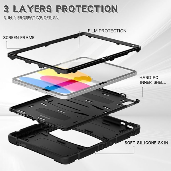 Cover til iPad A16 (11") / iPad 10 2022 (10,9" 10. generation) 360° stødabsorberende hård beskyttelse med stativ - Sort Svart