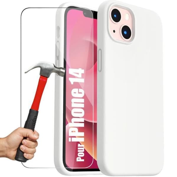Coque en Silikon - E.F.CONNECTION - för iPhone 14 - Stötsäker - 2 Härdat Glas - Vit Matt Vit