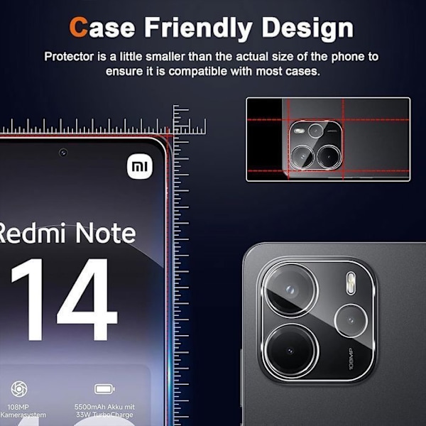 2 Stänktskydd för Skärm och 2 Skydd för Bakre Kamera för Xiaomi Redmi Note 14 4G (inte för 5G) Transparent