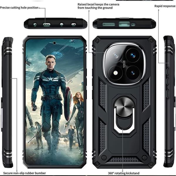 Coque - E.F.CONNECTION - För Xiaomi Redmi Note 14 Pro Plus 5G - Stötresistent - Med ring - 2 härdade glas Svart