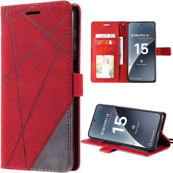 Coque til Xiaomi 15, Anti-ridser Beskyttelse 360 Grad Stødabsorberende Læder PU Tegnebog - Rød Röd