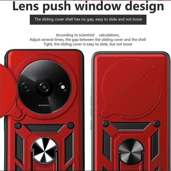 Coque - E.F.CONNECTION - För Xiaomi Redmi A3 - Stöttålig Bläckfisk - Rotating Ring Stöd - 2 Härdat Glas Röd