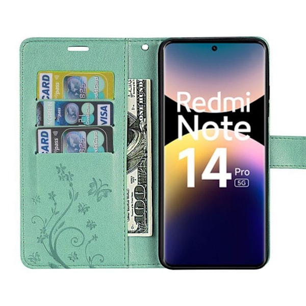 Coque för Xiaomi Redmi Note 14 Pro 5G (inte för 4G) Syntetiskt Läder Motif Fjäril Växt med Kortfack - Grön Grön