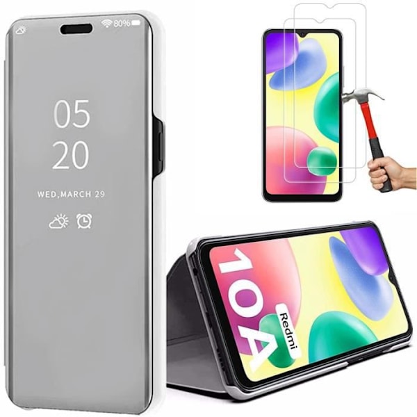 Fodral för Redmi 10A + 2 härdade glasögon, Fodral med spegeleffekt Fullt skydd Silver