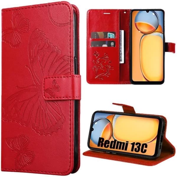 Coque Silikon - E.F.CONNECTION - För Xiaomi Redmi 13C - Röd - Stötsäker - Kortfäste - Multi-position stöd Röd