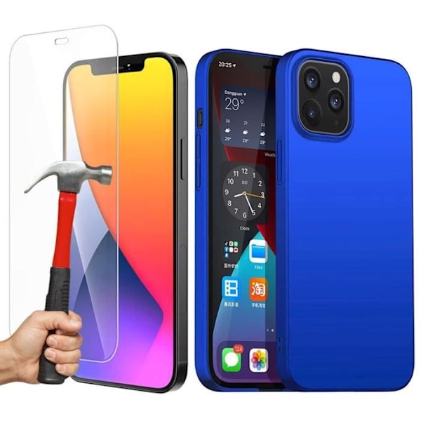 Skyddsskal - E.F.CONNECTION - för iPhone 12 Pro - Silikon - Blå - 2 härdade glas ingår Blå