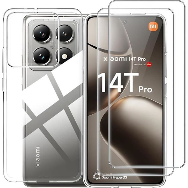 Etui til Xiaomi 14T Pro med 2 hærdede briller - Transparent silikoneforstærket beskyttelsescover