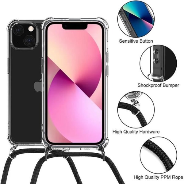 Crossbody-etui til iPhone 13 Mini (5,4") Blødt anti-ridseforstærket hjørne + sort skulderrem Transparent-svart