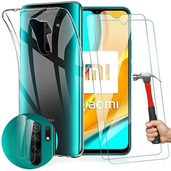 Etui til Redmi 9 Transparent Silikone + 2 hærdede briller og 2 bagkamerabeskyttelse Transparent