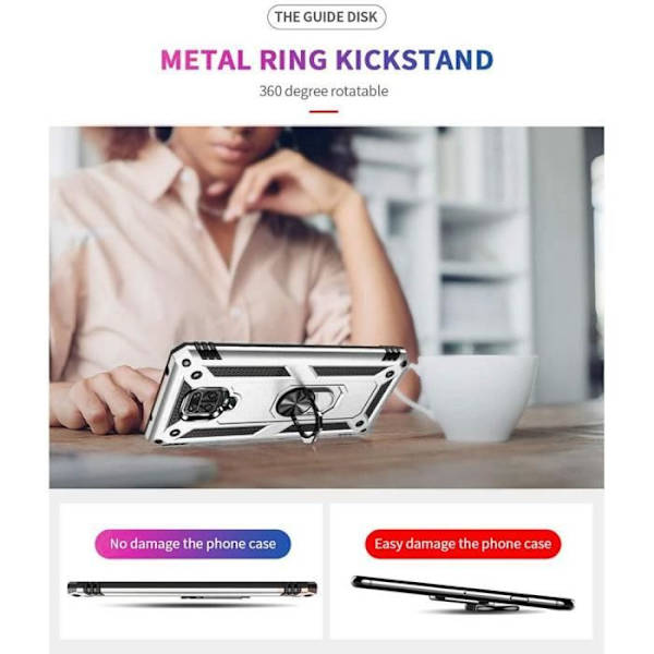 Fodral för Redmi Note 9S (6,67") + Ringstöd i härdat glas Förstärkt skydd Förstärkt kant Silvermetallplatta Silver