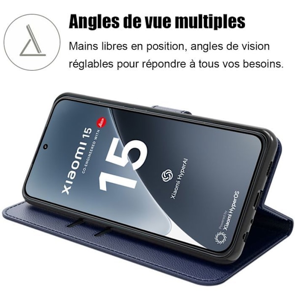 Coque til Xiaomi 15, Anti-Ridser Kortholder 360 Graders Beskyttelse Effekt Læder Marineblå marinblå