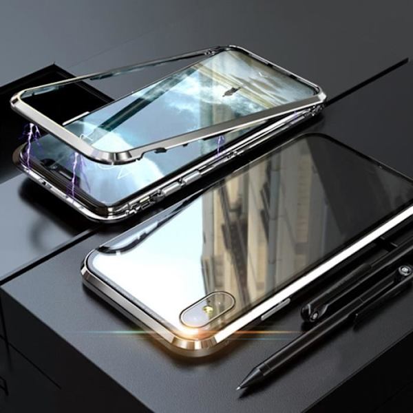 Magnetfodral för iPhone XR 6.1 Silver + Transparent magnetisk absorptionsfodral i metall i härdat glas Pengar