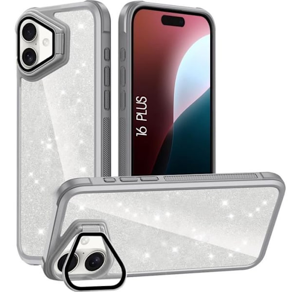 Fodral till iPhone 16 Plus, genomskinligt glitter stötsäkert skydd med kameraskydd - grå
