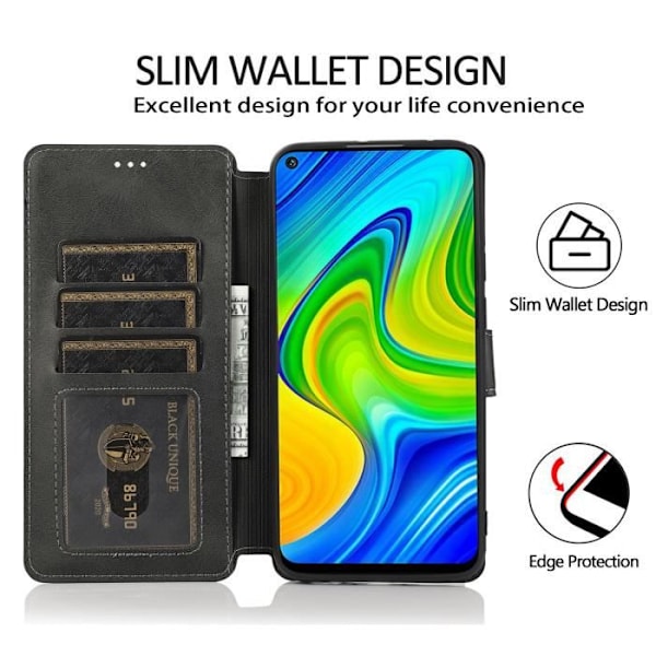 Etui til Xiaomi Redmi Note 9 sort, stødsikkert PU-læder beskyttelsescover med magnetisk lukning, flip cover holder Svart
