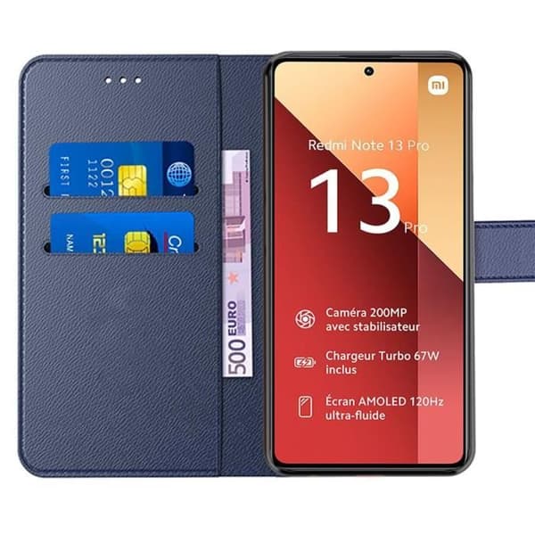 Coque och Härdat Glas - E.F.CONNECTION - För Xiaomi Redmi Note 13 Pro 4G - Marinblå - Läderlook - Stötsäker marinblå