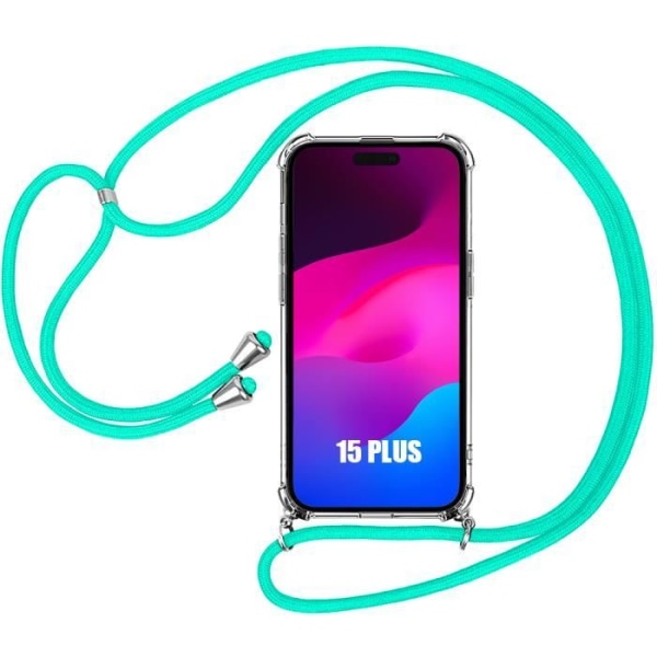 Lanyard-etui til iPhone 15 Plus - Gennemsigtig stødsikker silikone + turkis lanyard