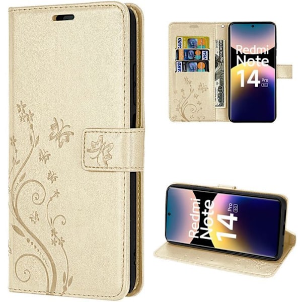 Coque för Xiaomi Redmi Note 14 Pro 5G (inte för 4G) Skydd i syntetiskt läder Stötsäker Guld Motiv med fjärilar och blommor gyllene