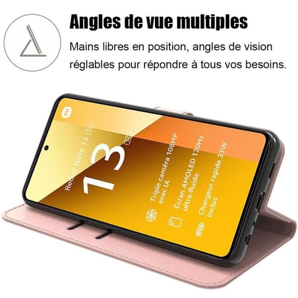 Coque - E.F.CONNECTION - För Xiaomi Redmi Note 13 5G - Rosa - Stöttåligt PU-läderfodral - 2 Härdade glas Rosa